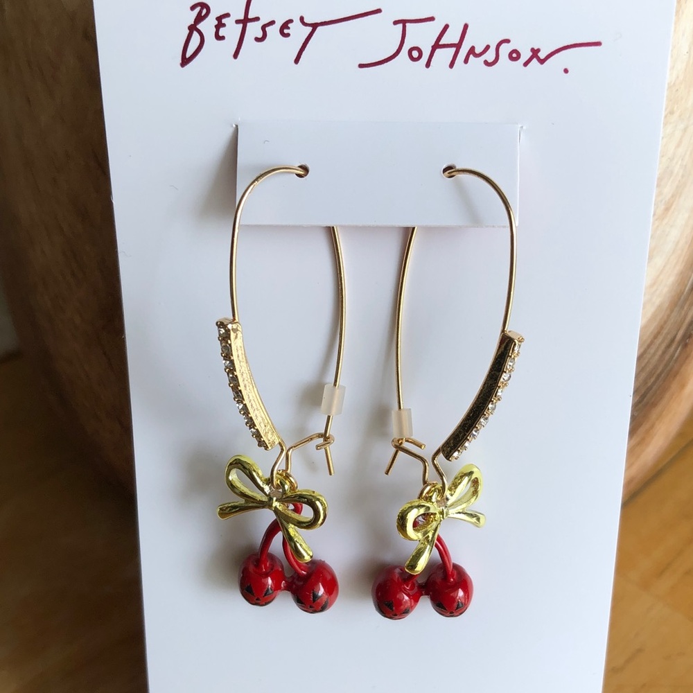 Betsey Johnson Spooky Cherry Shepherd Hook Drop Earrings Crystal Accents NWT